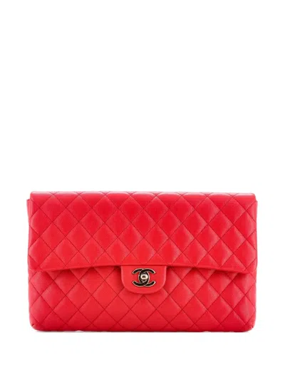 Pre-owned Chanel Classic Flap Quilted Caviar Clutch Bag In Red