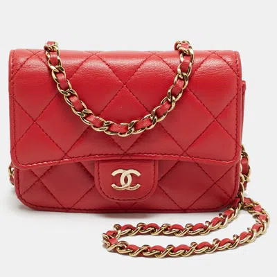 Pre-owned Chanel Classic Flap Red Quilted Leather Clutch With Chain