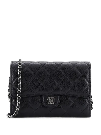 Pre-owned Chanel Classic Flap Wallet Quilted Caviar Mini Crossbody Bag In Black