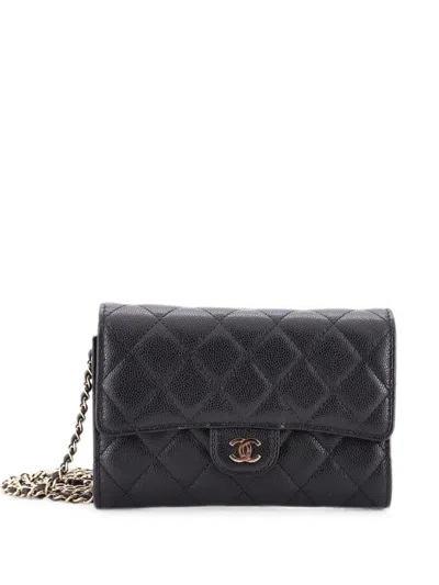 Pre-owned Chanel Classic Flap Wallet Quilted Caviar Mini Crossbody Bag In Black