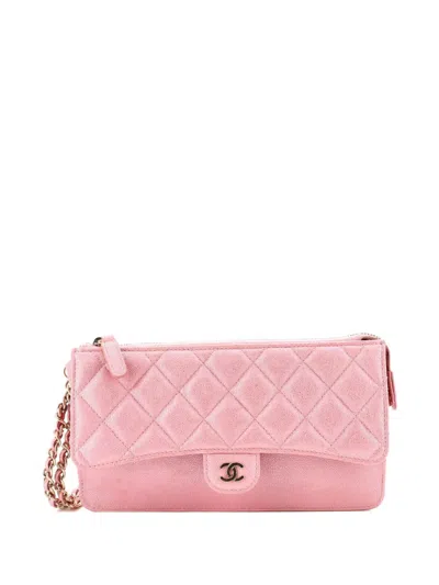 Pre-owned Chanel Classic Flap Zip Wristlet Quilted Iridescent Caviar Pouch In Pink