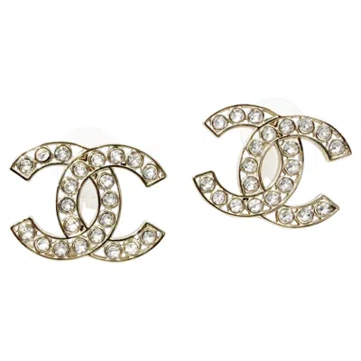 Pre-owned Chanel Classic Gold Cc Frame Round Crystal Large Piercing Earrings In Multi