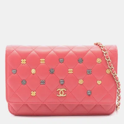 Pre-owned Chanel Classic Icons Lucky Charms Pink Lambskin Leather Wallet On Chain