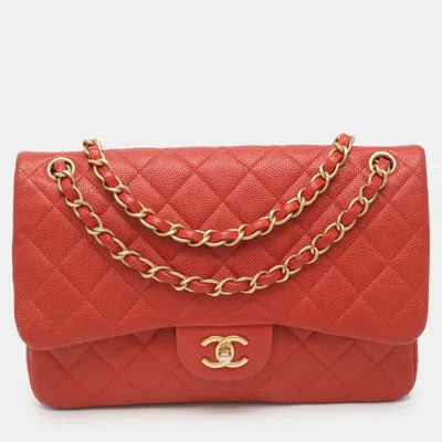 Pre-owned Chanel Classic Jumbo Red Orange Glaze Quilted Caviar Leather Double Flap Bag