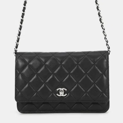 Pre-owned Chanel Classic Matelasse Chain Wallet Black Lambskin
