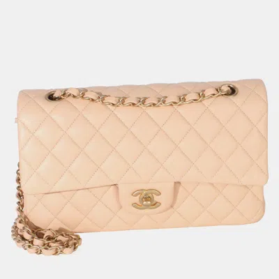 Pre-owned Chanel Classic Medium Beige Lambskin Leather Shoulder Bag In Sand
