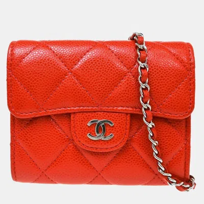 Pre-owned Chanel Classic Micro Red Grained Calfskin Leather Card Holder On Chain Bag