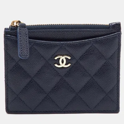 Pre-owned Chanel Classic Navy Blue Caviar Leather Zip Card Holder