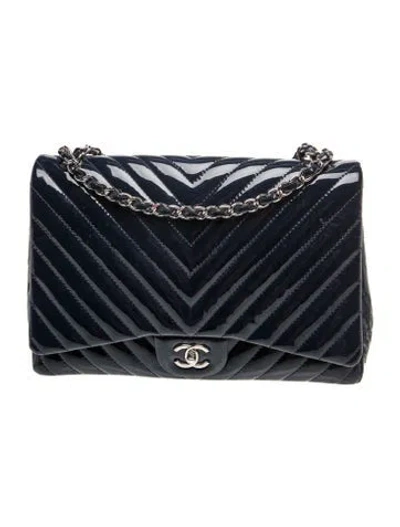 Pre-owned Chanel Classic Patent Chevron Jumbo Single Flap Bag In Blue