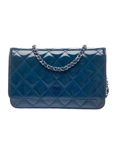 Pre-owned Chanel Classic Patent Quilted Wallet On Chain In Blue