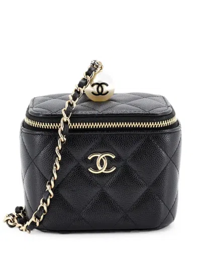 Pre-owned Chanel Classic Pearl Vanity Case With Chain Quilted Caviar Mini Clutch Bag In Black
