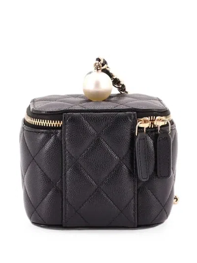 Pre-owned Chanel Classic Pearl Vanity Case With Chain Quilted Caviar Mini Clutch Bag In Black