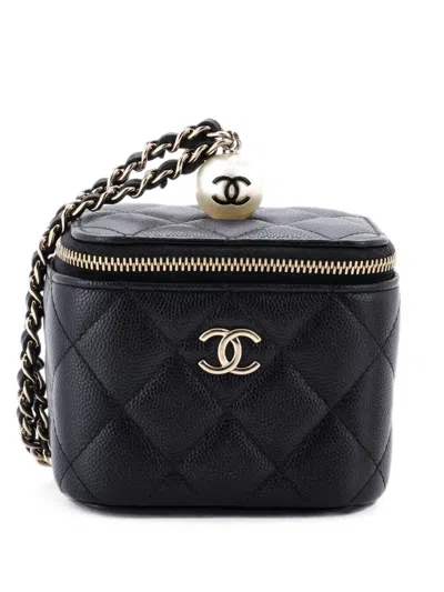 Pre-owned Chanel Classic Pearl Vanity Case With Chain Quilted Caviar Mini Clutch Bag In Black