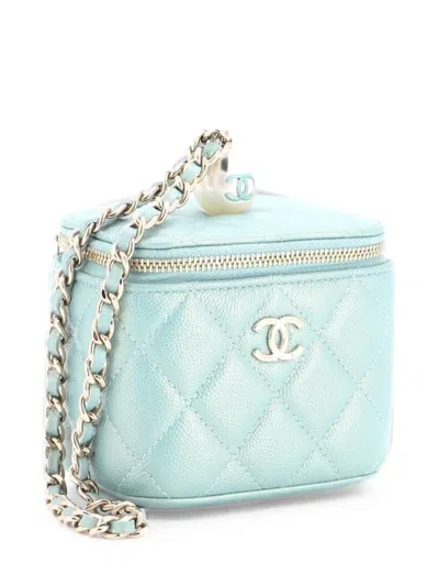 Pre-owned Chanel Classic Pearl Vanity Case With Chain Quilted Caviar Mini Clutch Bag In Blue