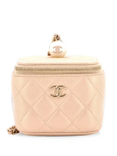 Pre-owned Chanel Classic Pearl Vanity Case With Chain Quilted Caviar Mini Clutch Bag In Gold