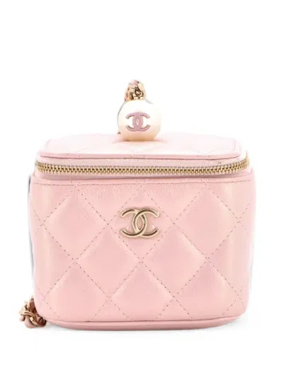 Pre-owned Chanel Classic Pearl Vanity Case With Chain Quilted Iridescent Caviar Mini Clutch Bag In Pink