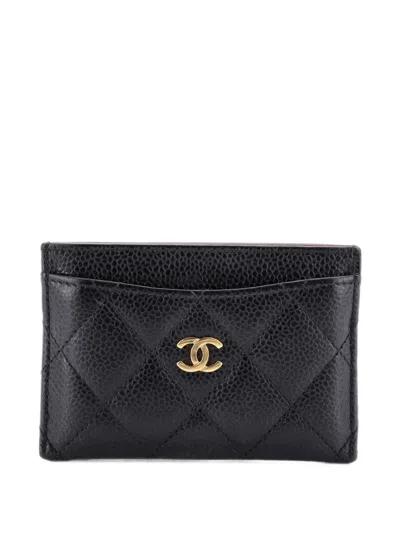 Pre-owned Chanel Classic Quilted Caviar Card Holder In Black