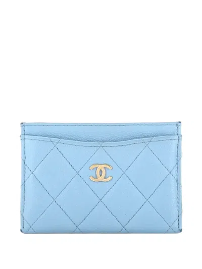 Pre-owned Chanel Classic Quilted Caviar Card Holder In Blue