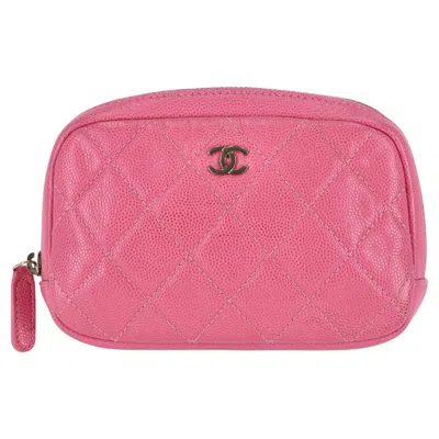 Pre-owned Chanel Classic Quilted Caviar Leather 'cc' Logo Cosmetic Case/pouch In Pink