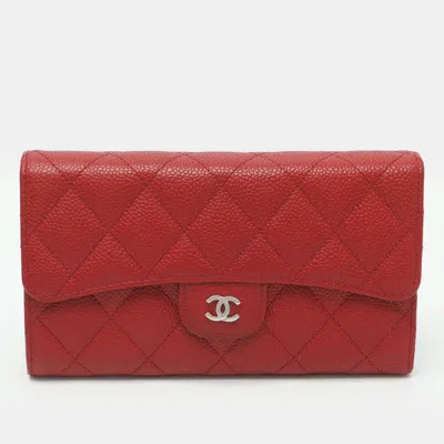 Pre-owned Chanel Classic Red Quilted Caviar Leather Flap Wallet