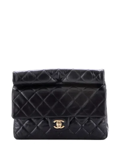 Pre-owned Chanel Classic Roll Quilted Crumpled Calfskin Medium Clutch Bag In Black