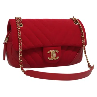Pre-owned Chanel Classic Single Flap Bag Chevron Jersey Cotton Shoulder Bag Bag () In Red