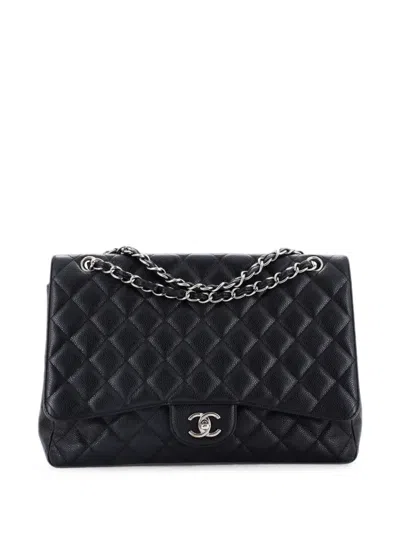 Pre-owned Chanel Classic Single Flap Bag Quilted Caviar Maxi Shoulder Bag In Black