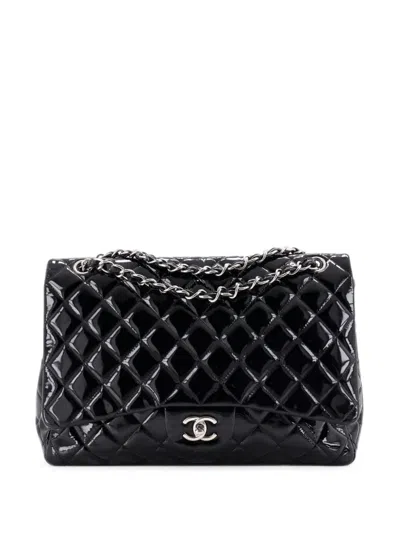Pre-owned Chanel Classic Single Flap Bag Quilted Patent Maxi Shoulder Bag In Black