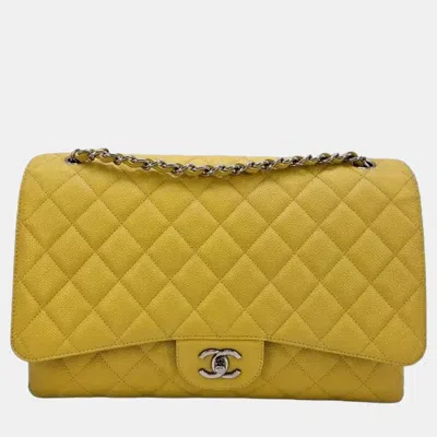 Pre-owned Chanel Classic Single Flap Maxi Yellow Quilted Caviar Leather Shoulder Bag