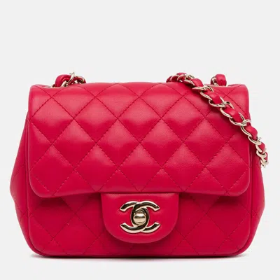 Pre-owned Chanel Classic Single Flap Mini Square Lambskin Bag In Red