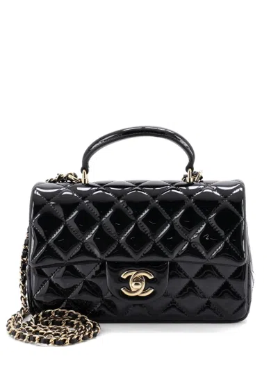 Pre-owned Chanel Classic Single Flap Top Handle Bag Quilted Patent Mini Satchel In Black