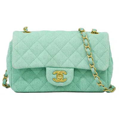 Pre-owned Chanel Classic Single Flap Top Handle Quilted Tweed Green Denim_jeans Shoulder Bag Bag ()