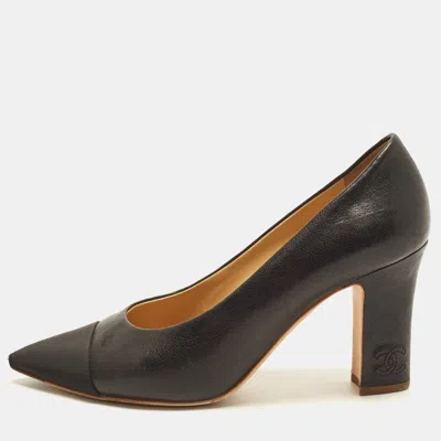 Pre-owned Chanel Classic Size 37.5 Black Leather And Canvas Block Heel Pumps
