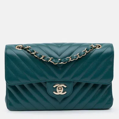 Pre-owned Chanel Classic Small Blue Tone Chevron Caviar Leather Double Flap Bag