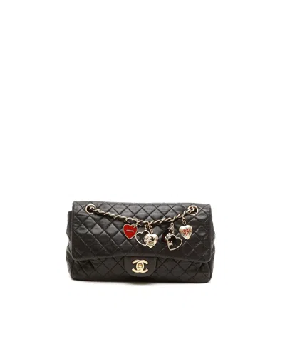 Chanel Classic Soft Medium Valentines Heart Charm Single Flap Bag In Black