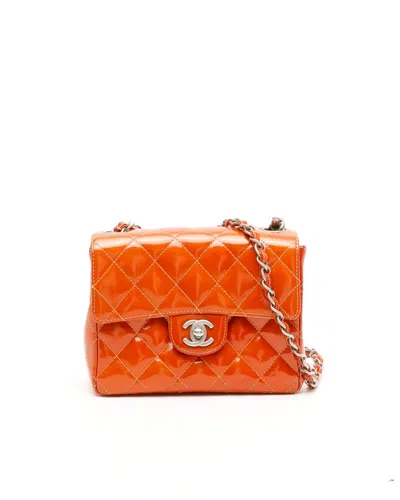 Pre-owned Chanel Classic Square Patent Single Flap Bag In Orange