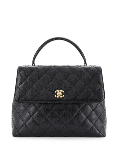 Pre-owned Chanel Classic Top Handle Flap Bag Quilted Caviar Jumbo Satchel In Black
