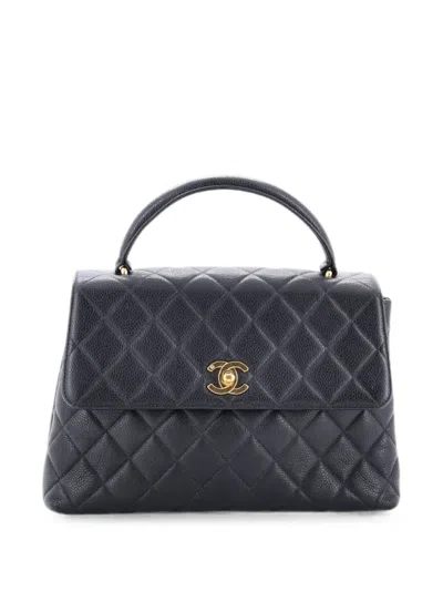 Pre-owned Chanel Classic Top Handle Flap Bag Quilted Caviar Medium Satchel In Black