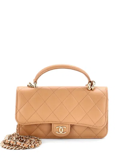 Pre-owned Chanel Classic Top Handle Flap Phone Holder With Chain Quilted Lambskin Crossbody Bag In Neutral