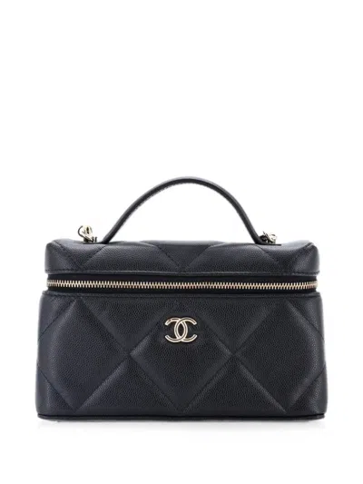 Pre-owned Chanel Classic Top Handle Slim Vanity Case With Chain Quilted Caviar Small Satchel In Black