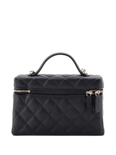 Pre-owned Chanel Classic Top Handle Slim Vanity Case With Chain Quilted Caviar Small Satchel In Black