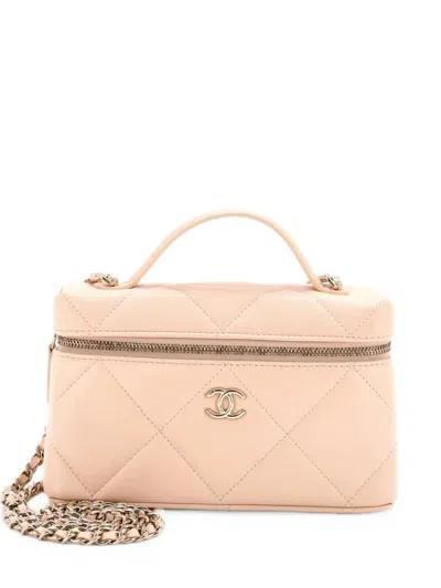 Pre-owned Chanel Classic Top Handle Slim Vanity Case With Chain Quilted Caviar Small Satchel In Neutrals
