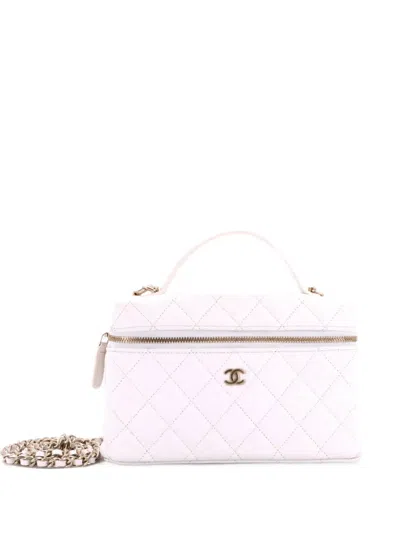 Pre-owned Chanel Classic Top Handle Slim Vanity Case With Chain Quilted Caviar Small Satchel In White
