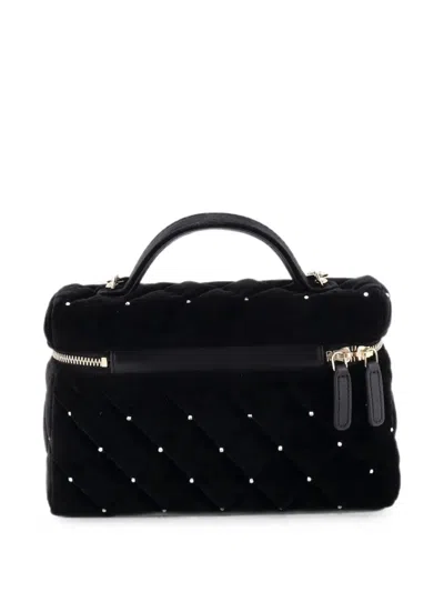 Pre-owned Chanel Classic Top Handle Slim Vanity Case With Chain Quilted Velvet With Crystals Small Satchel In Black