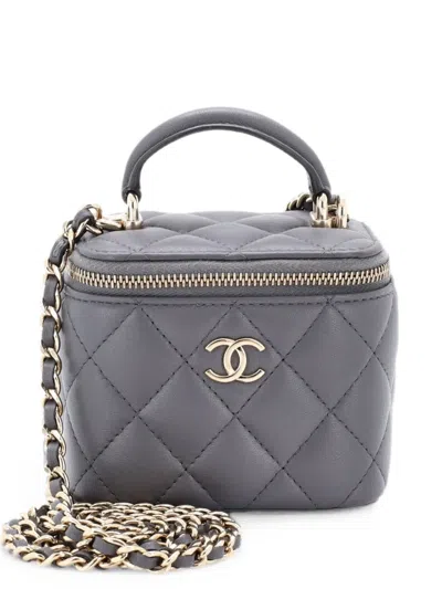 Pre-owned Chanel Classic Top Handle Vanity Case With Chain Quilted Lambskin Mini Crossbody Bag In Gray