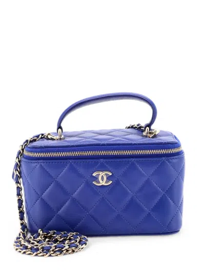 Pre-owned Chanel Classic Top Handle Vanity Case With Chain Quilted Lambskin Small Crossbody Bag In Blue