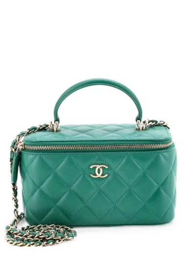 Pre-owned Chanel Classic Top Handle Vanity Case With Chain Quilted Lambskin Small Crossbody Bag In Green