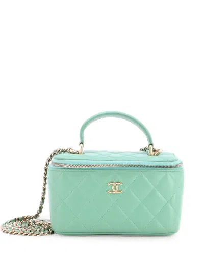 Pre-owned Chanel Classic Top Handle Vanity Case With Chain Quilted Lambskin Small Crossbody Bag In Green
