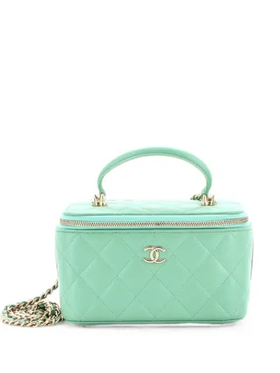 Pre-owned Chanel Classic Top Handle Vanity Case With Chain Quilted Lambskin Small Crossbody Bag In Green