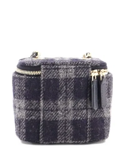 Pre-owned Chanel Classic Vanity Case With Chain Quilted Tweed Mini Pouch In Grey